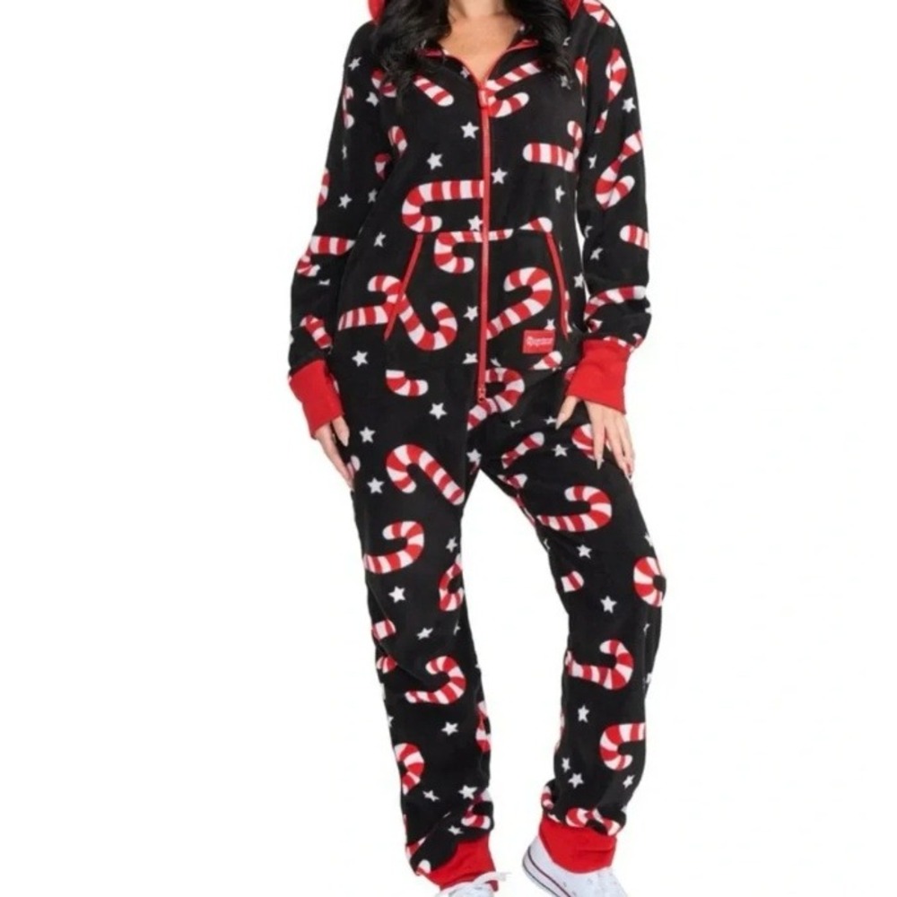 Tipsy Elves Candy Cane One Piece Jumpsuit Pajamas Size M Fleece Hooded Christmas